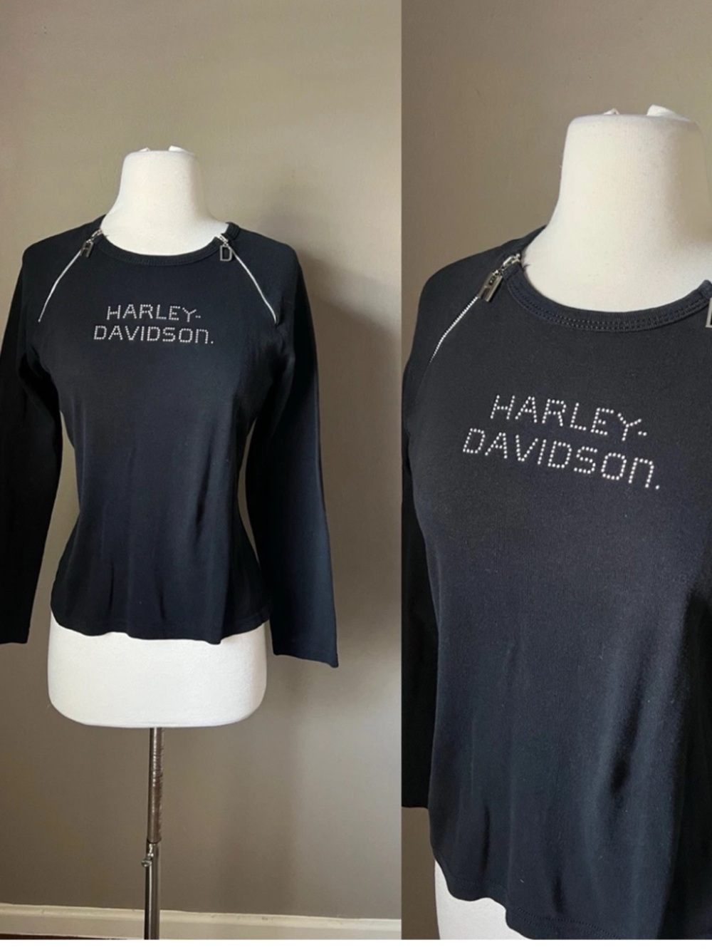 Harley-Davidson Black Long Sleeve Top with Silver Zipper Accents